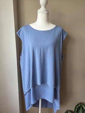 Vince Camuto XL Blue Layered Tunic Blouse High Low Hem Chiffon Overlay Stretch T